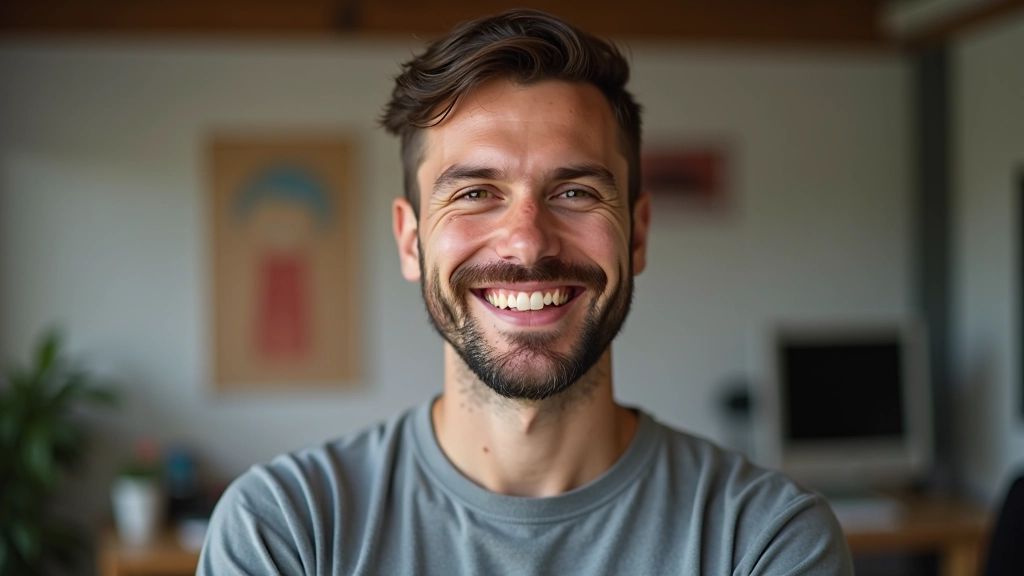 Animador e designer gráfico, portrait shot from chest up, friendly smile, creative workspace background, even lighting, sharp focus, NO text