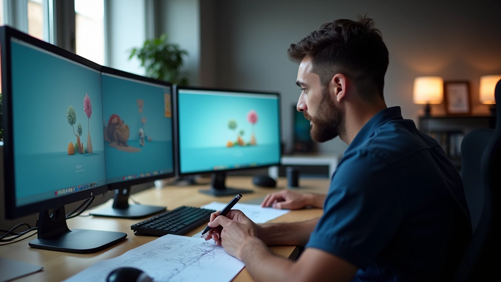 Profissional de design de movimento trabalhando em storyboard em estúdio moderno com múltiplas telas