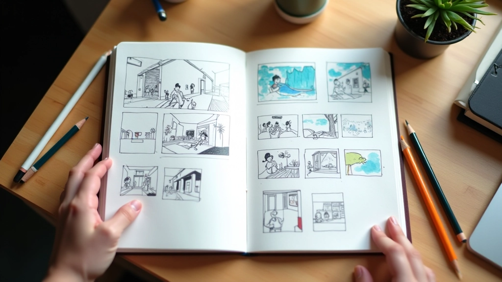 Caderno de storyboarding aberto com sketches detalhados e lápis de cor coloridos em mesa de trabalho criativa