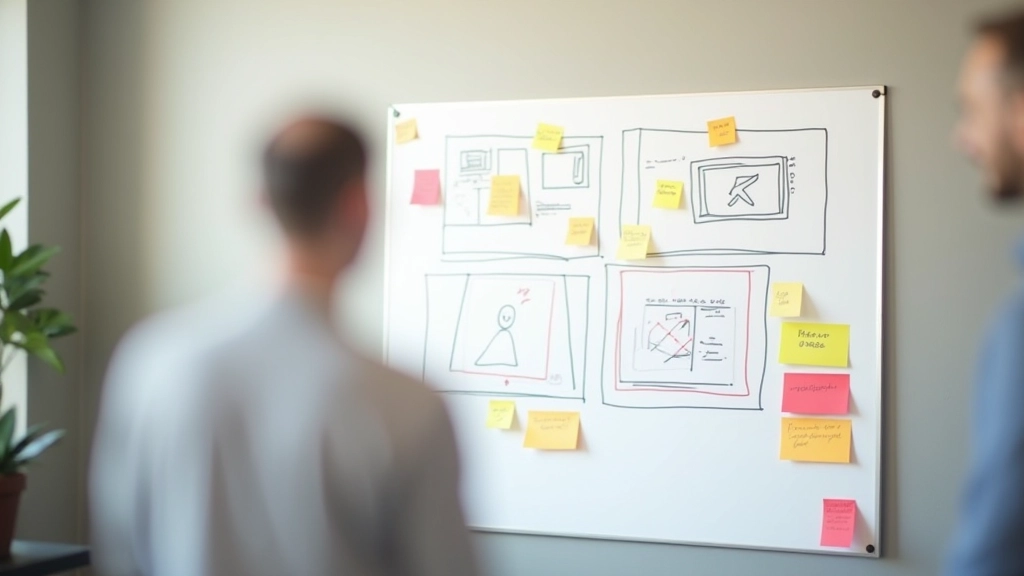 Quadro branco com storyboards desenhados à mão e post-its coloridos organizando sequência de movimento para animação